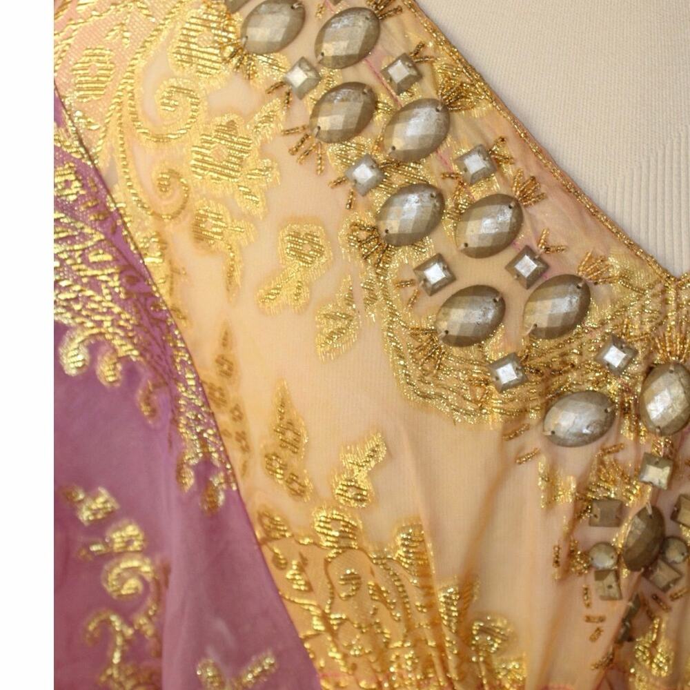 Boston Proper Gold Metallic Brocade Kaftan Cape Top | Jeweled V-Neck | Size M - Picture 4 of 7